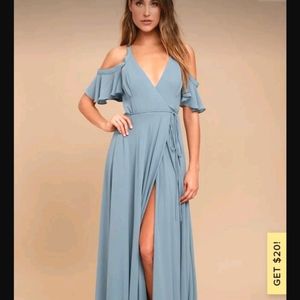 Lulu's off the shoulder wrap dress in Slate Blue